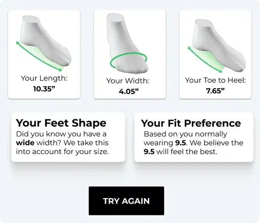 Your feet shape and fit preference result screen
