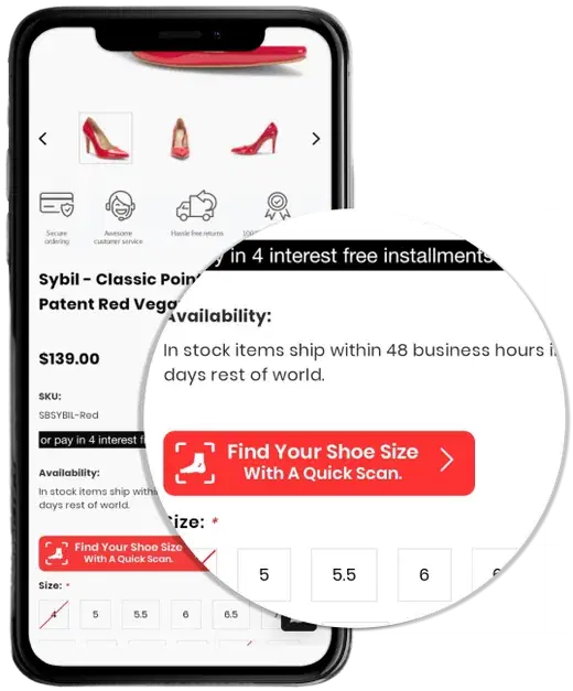 Product page with the find your shoe size button