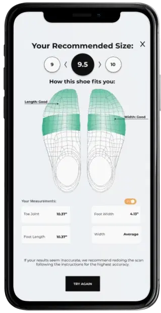Recommended size 9.5 with fit heat map